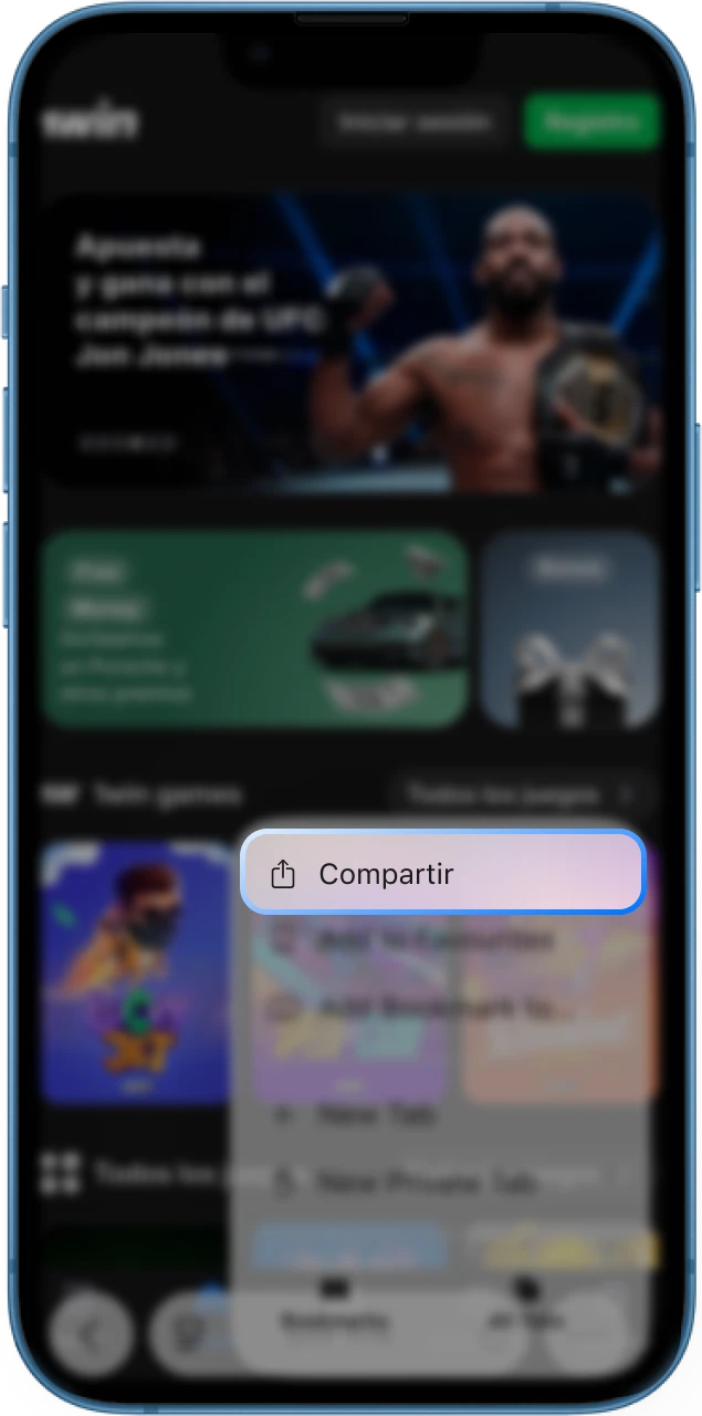 Busque el botón compartir en Safari para instalar la aplicación de casino en línea 1win.