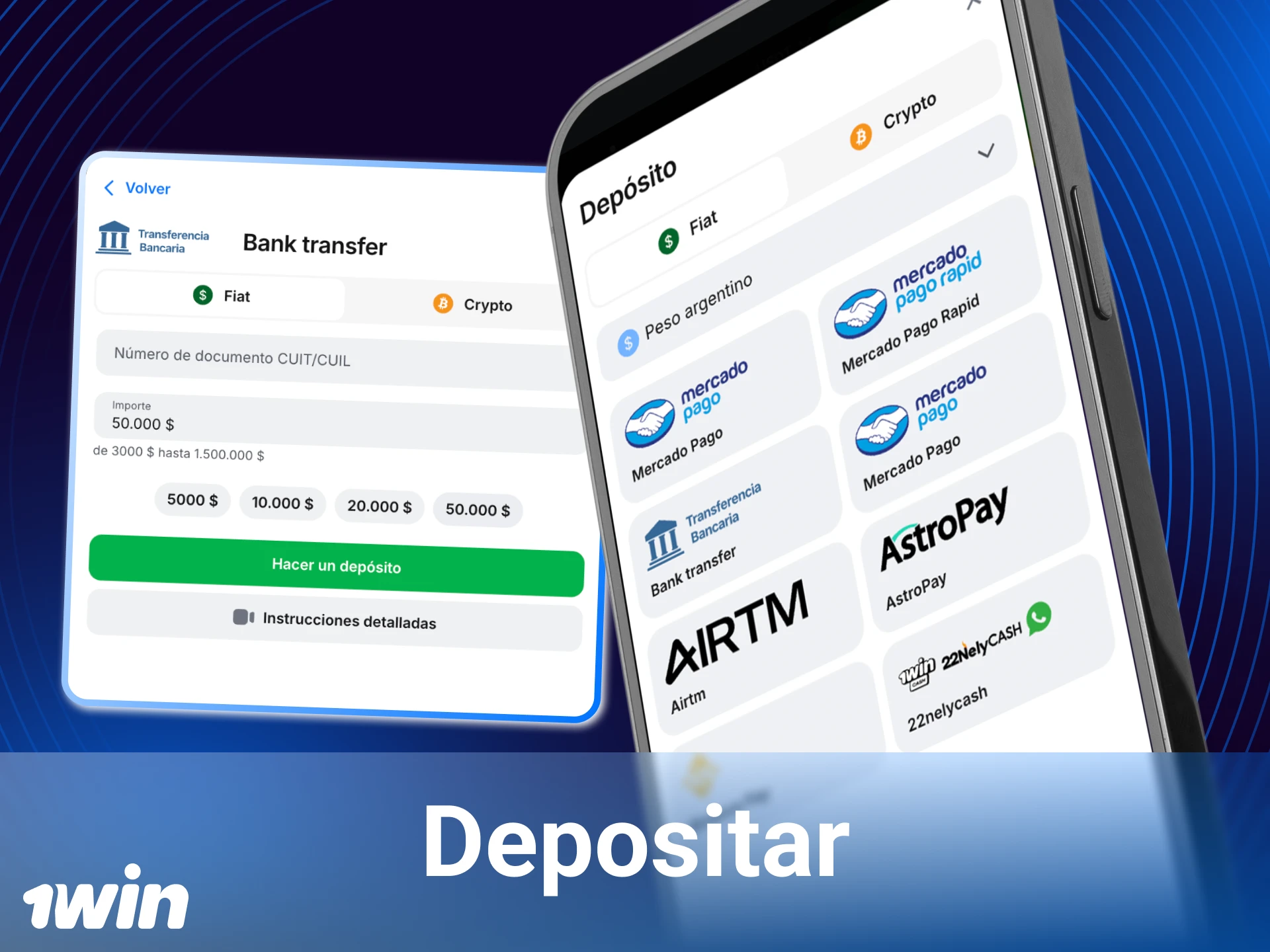 Utilice la aplicación del casino en línea 1win para realizar un depósito.