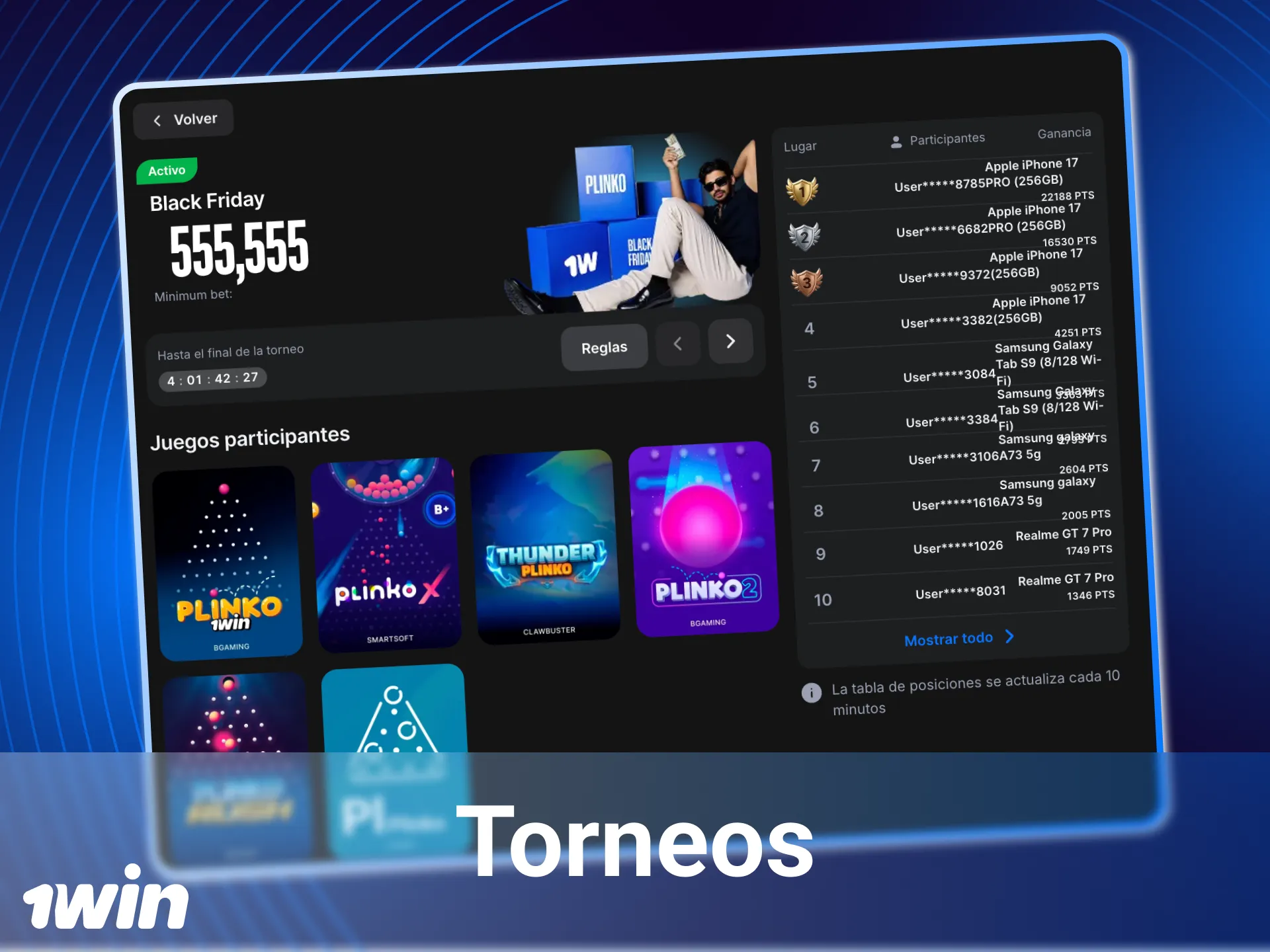 Vea qué torneos están activos en el casino en línea 1win.