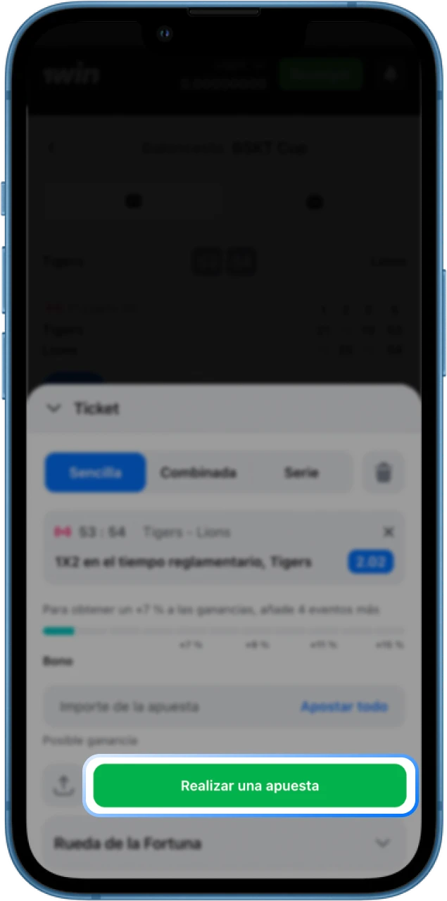 Especifica la cantidad de dinero para tu apuesta deportiva y confírmala en el casino online 1win.