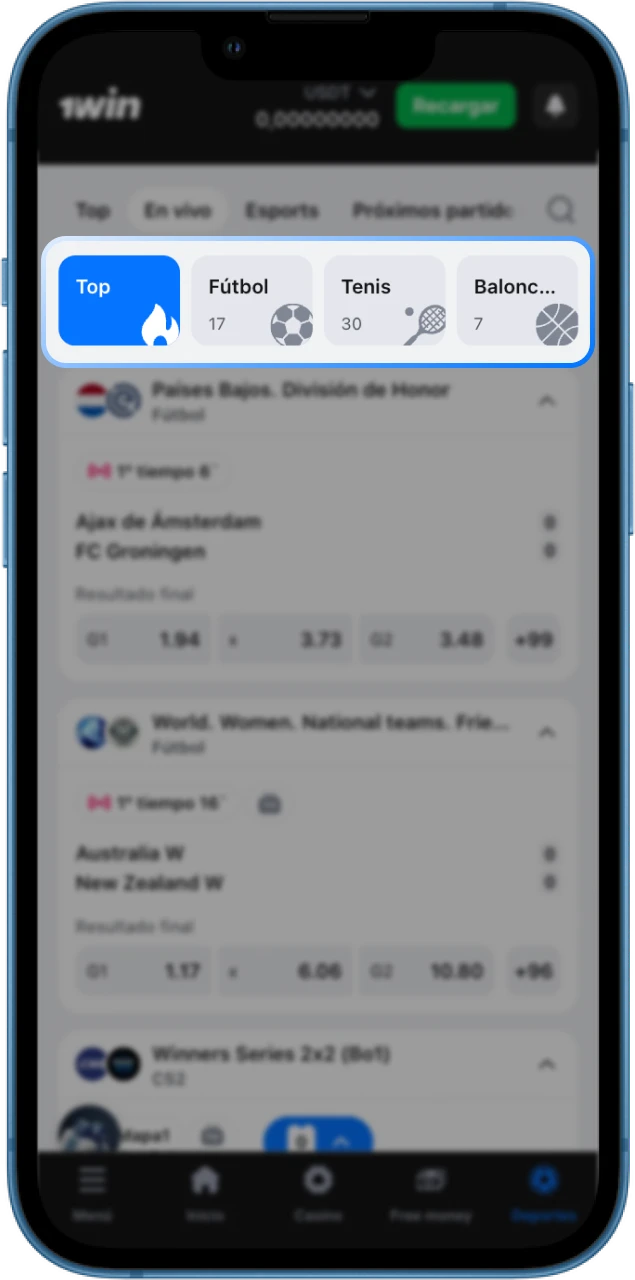 Elige tus secciones deportivas favoritas para apostar en el casino online 1win.