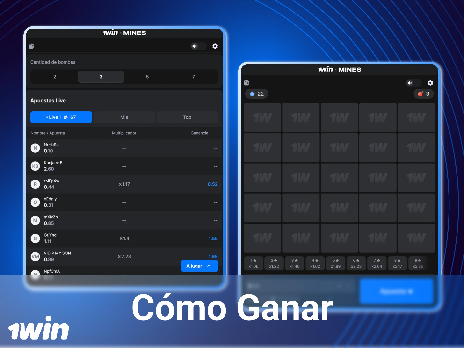 Elija una estrategia para jugar a las minas en el casino en línea 1win.