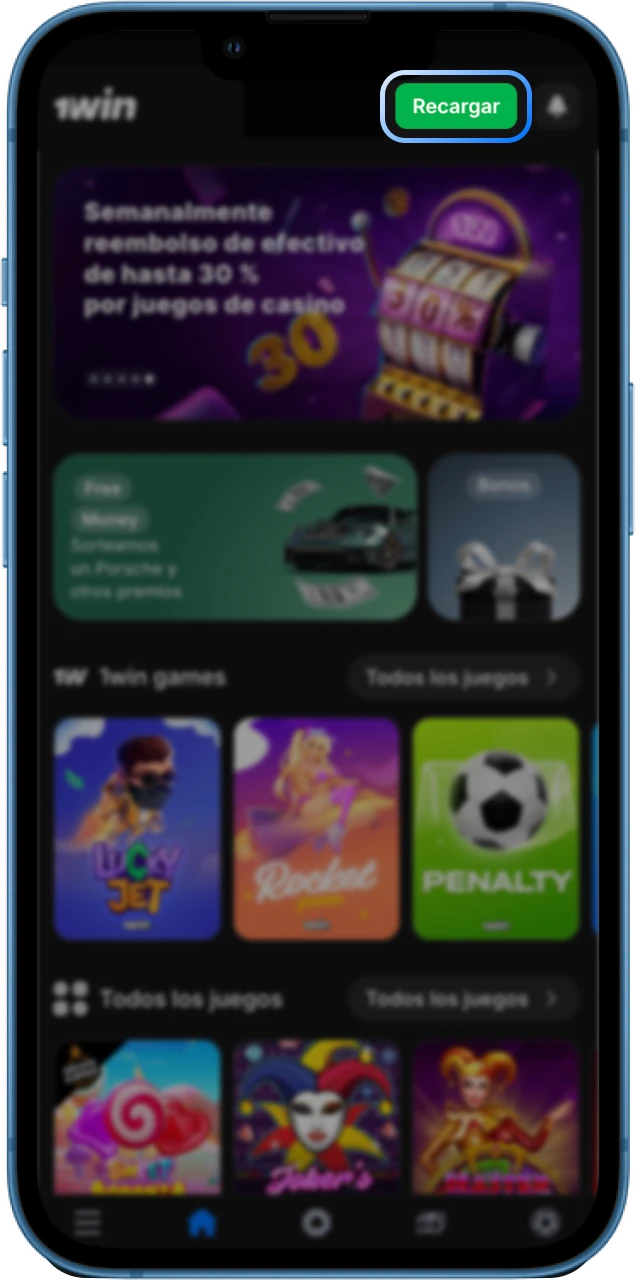 Encuentre el botón de depósito en el sitio web del casino en línea 1win.