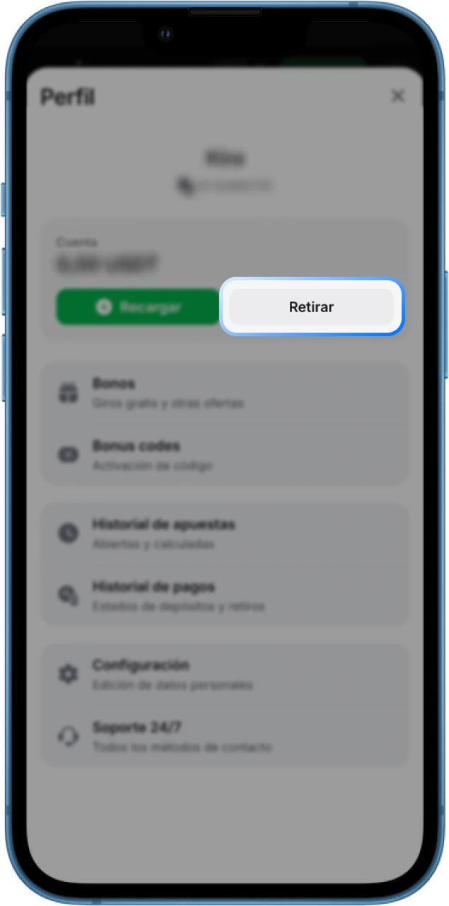 Encuentra el botón de retiro para retirar tus ganancias en el casino en línea 1win.