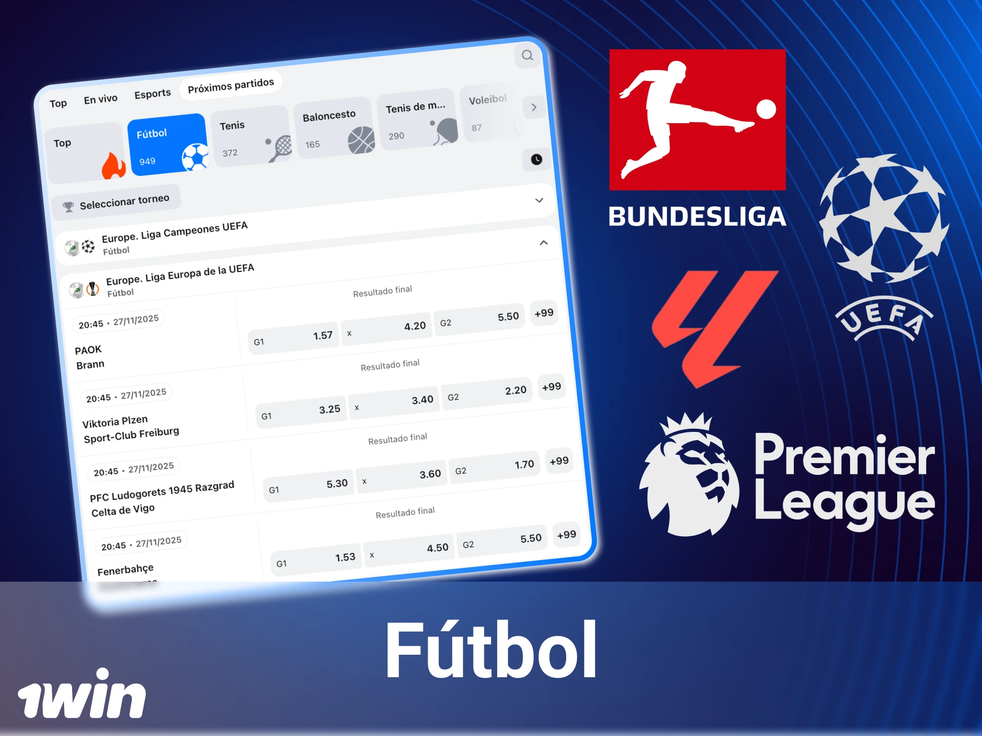 Apuesta en las principales ligas y torneos de fútbol online en 1win y empieza a ganar hoy mismo.