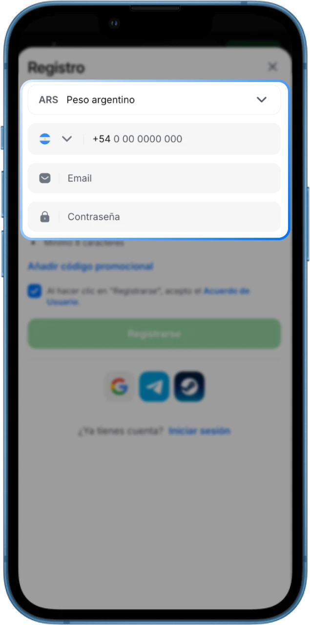 Llene los campos con sus datos para registrarse en el casino en línea 1win.